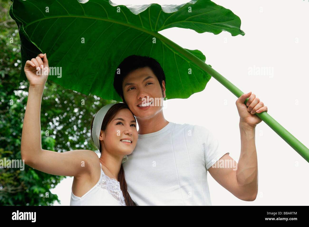 Man and woman standing under large leaf, shade Stock Photo