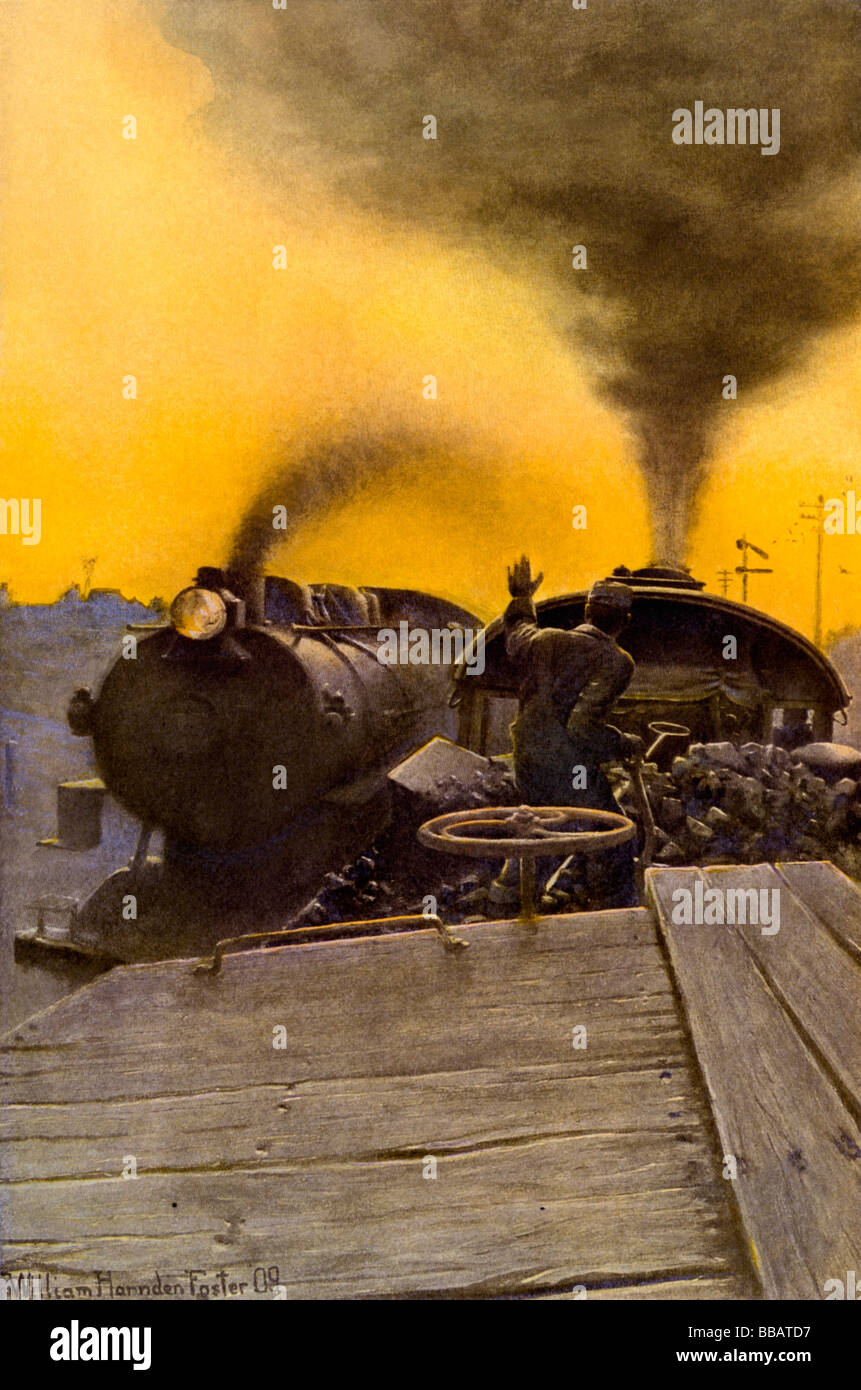 Locomotive fireman in coal car waving to an oncoming train early 1900s. Color halftone of an illustration Stock Photo