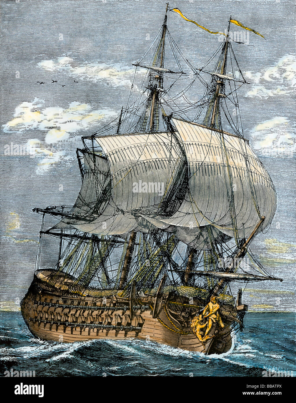 Armed French frigate of the 18th century. Hand-colored woodcut Stock Photo