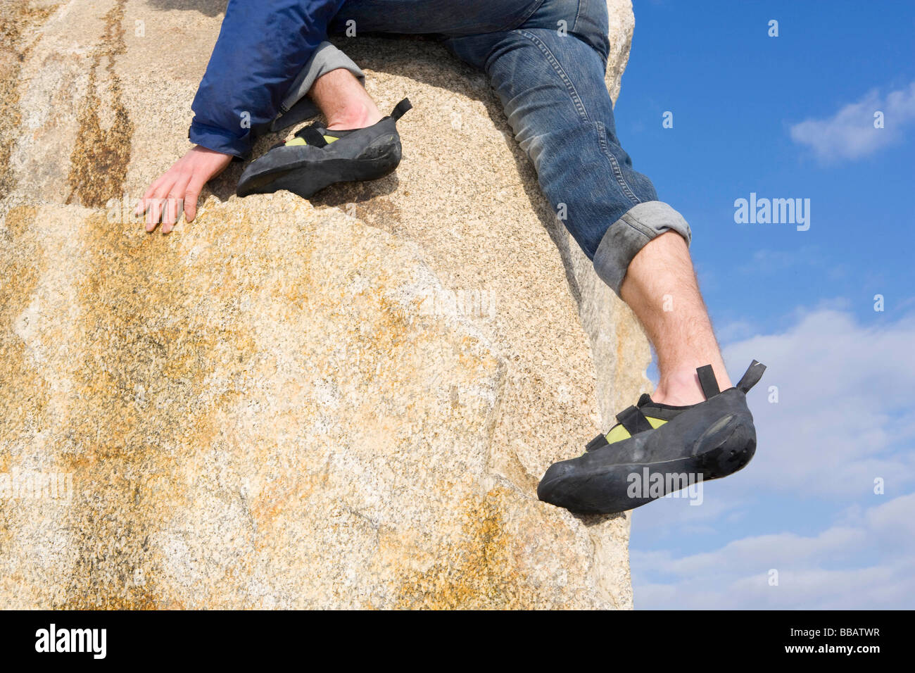Climber free climbing boulder Stock Photo Alamy
