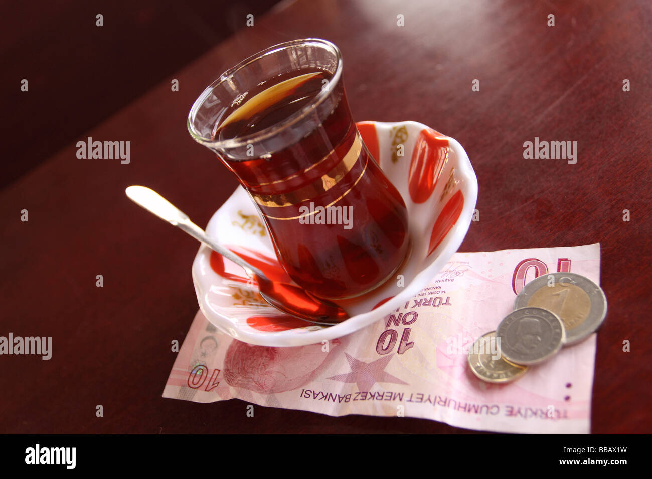 Turkey Turkish glass of hot tea the national drink known as Cay in Istanbul cafe Stock Photo