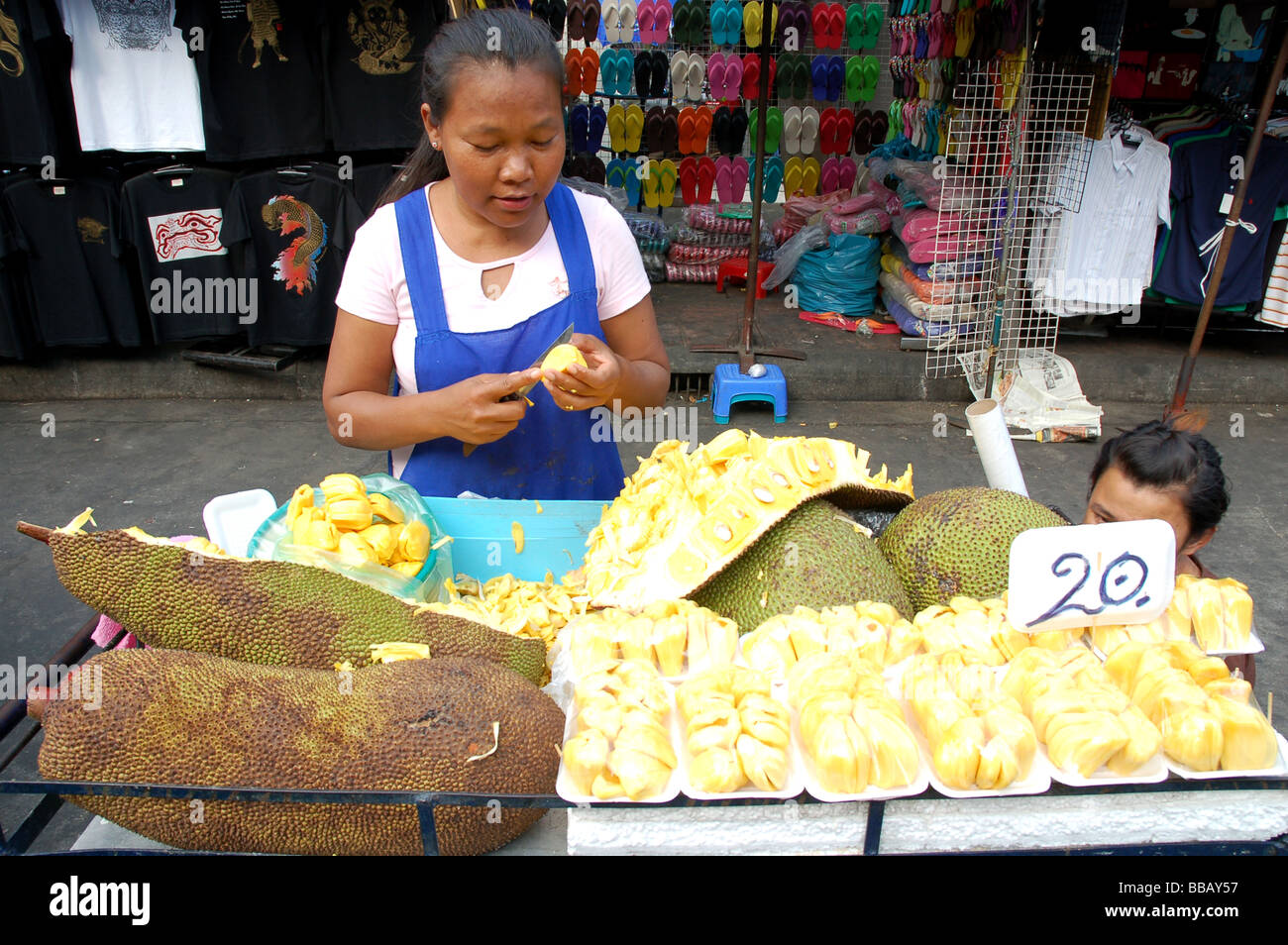 Thai girl selling durian in Khao San Road, Bangkok, THAILAND Stock Photo