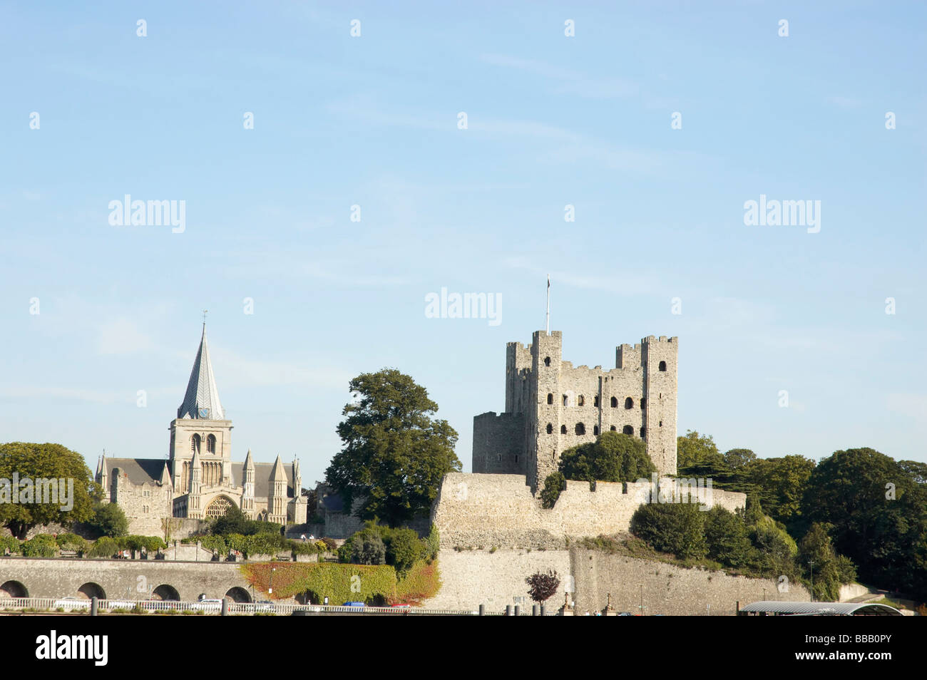 A view of Rochester Castle and Cathedral from across the river Medway Stock Photo