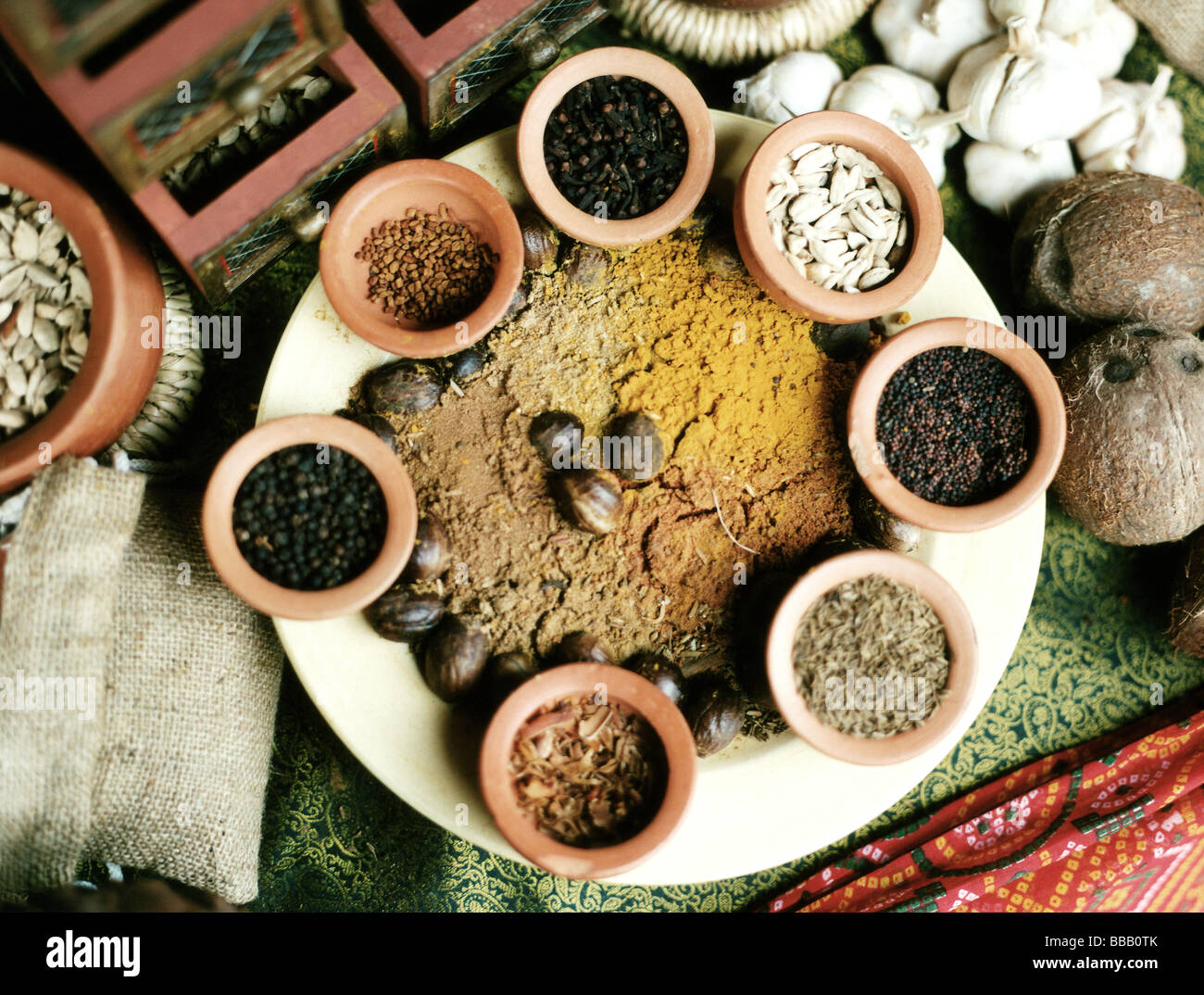 Assortment of spices and curry powder arranged on a plate. Stock Photo