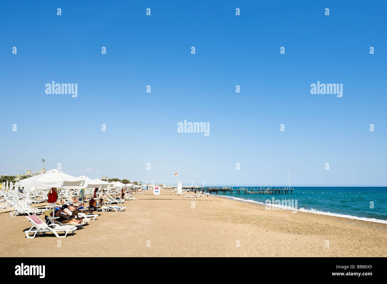Beach outside the Barut Lara Hotel, Lara Beach, near Antalya, Mediterranean Coast, Turkey Stock Photo
