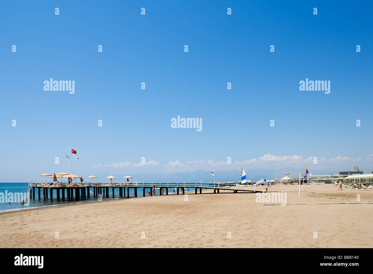 Beach outside the Royal Wings Hotel, Lara Beach, near Antalya, Mediterranean Coast, Turkey Stock Photo