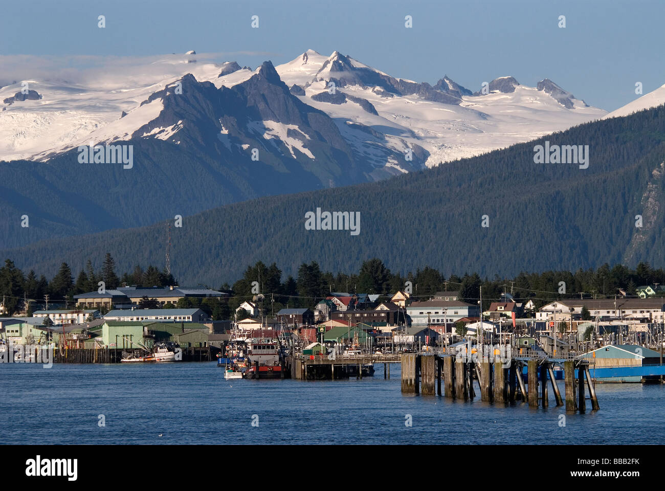 View of Petersburg and mountains from the M V Malaspina Petersburg Alaska USA Stock Photo