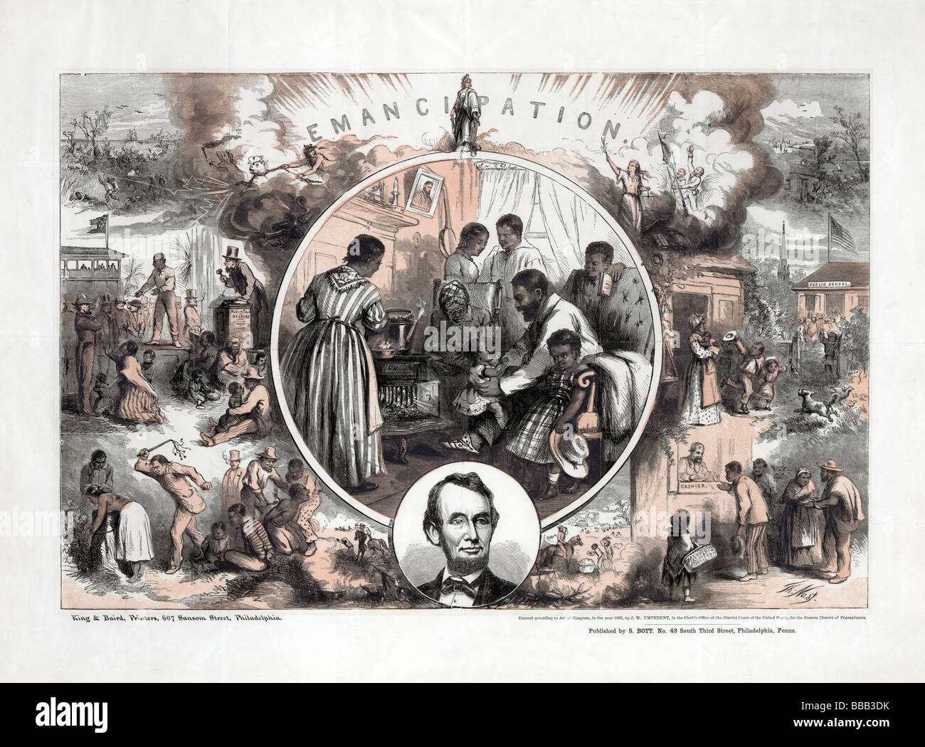 An original print circa 1865 celebrating the emancipation of slaves at the end of the American Civil War. Stock Photo