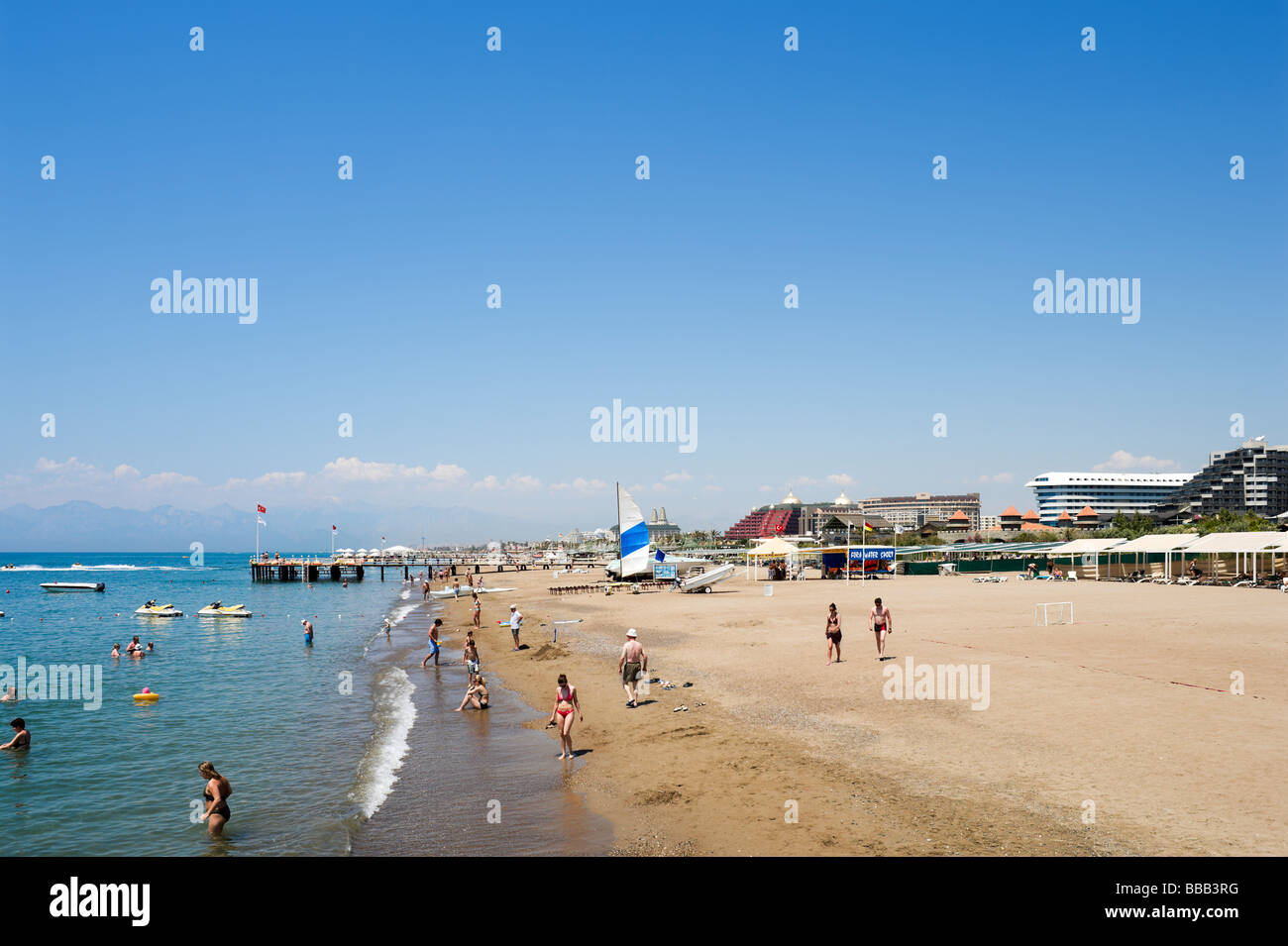 Beach outside the Royal Wings Hotel, Lara Beach, near Antalya, Mediterranean Coast, Turkey Stock Photo