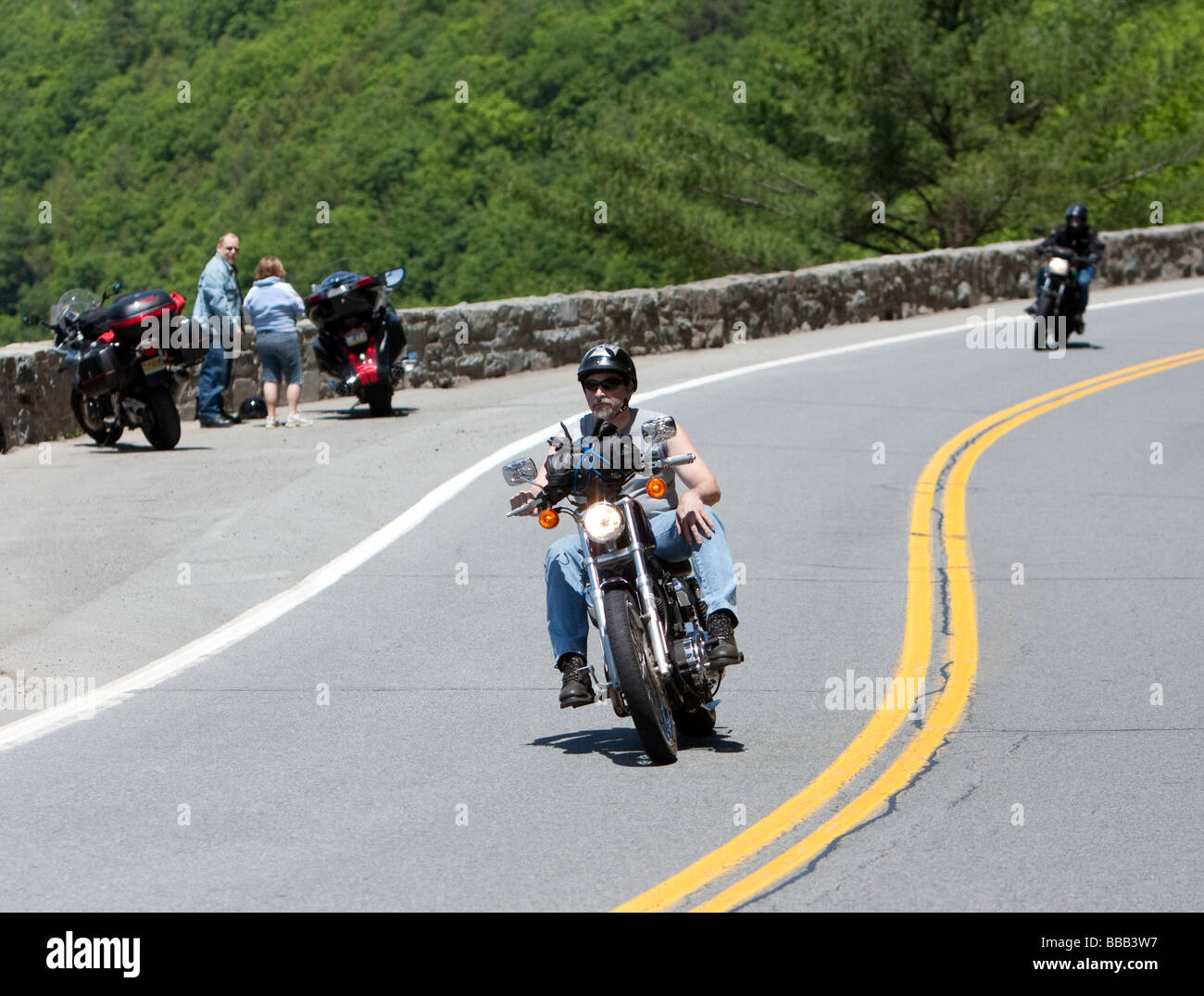 A motorbike motorcycle driving the winding road at Hawks Nest New York