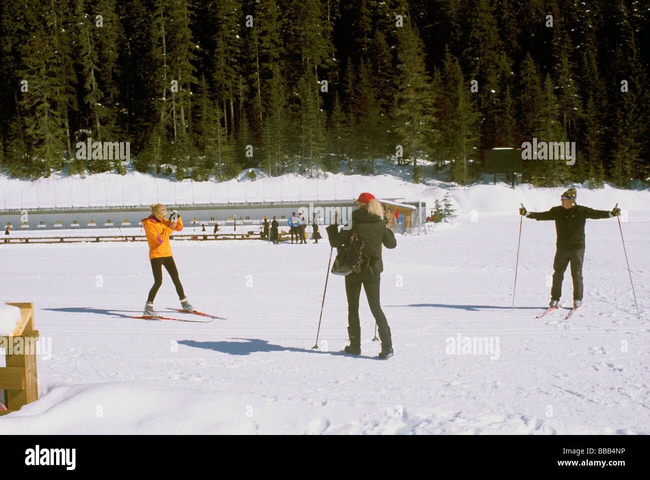 Cross Country Skiers at Biathlon Range at Whistler Olympic Park - Site of Vancouver 2010 Winter Games British Columbia Canada Stock Photo