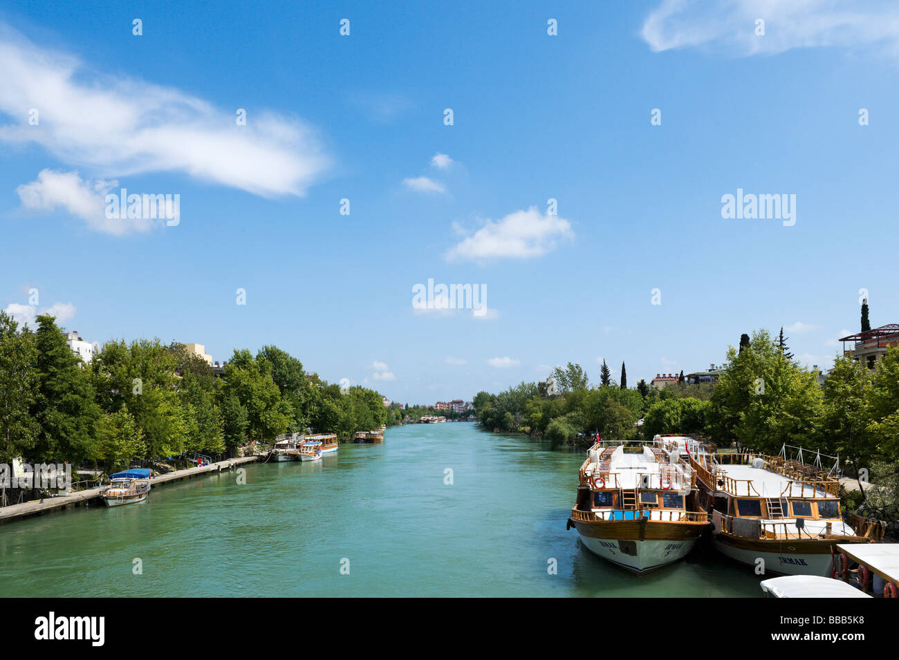 Excursion Boats on the River in the town centre, Manavgat, Mediterranean Coast, Turkey Stock Photo
