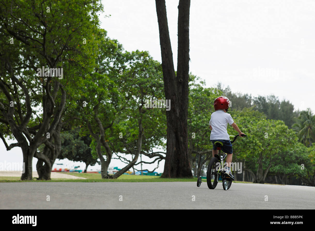 Young boy riding bike with training wheels Stock Photo Alamy
