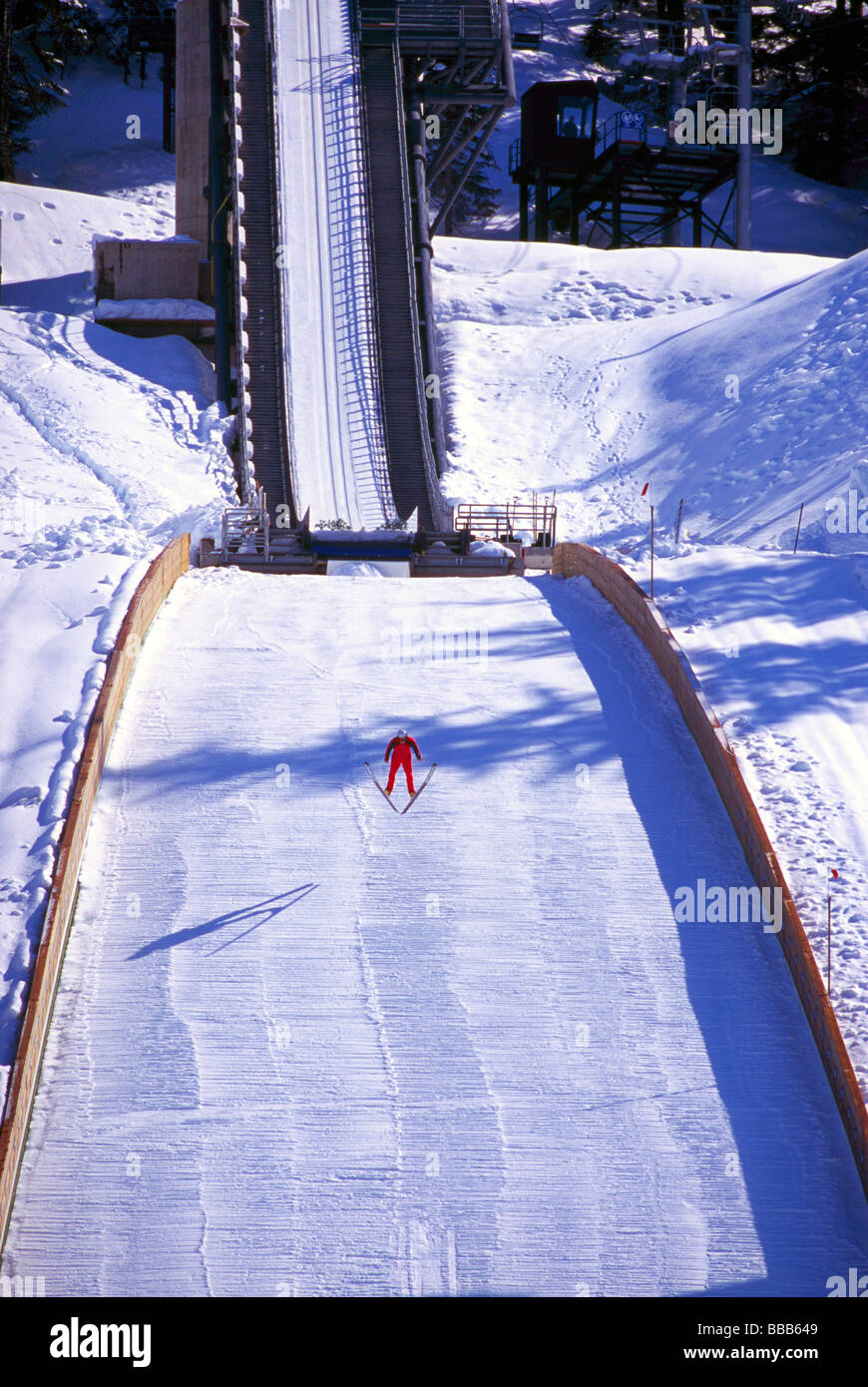Ski Jumper jumping on Ski Jump at Whistler Olympic Park Site of Vancouver 2010 Winter Olympics