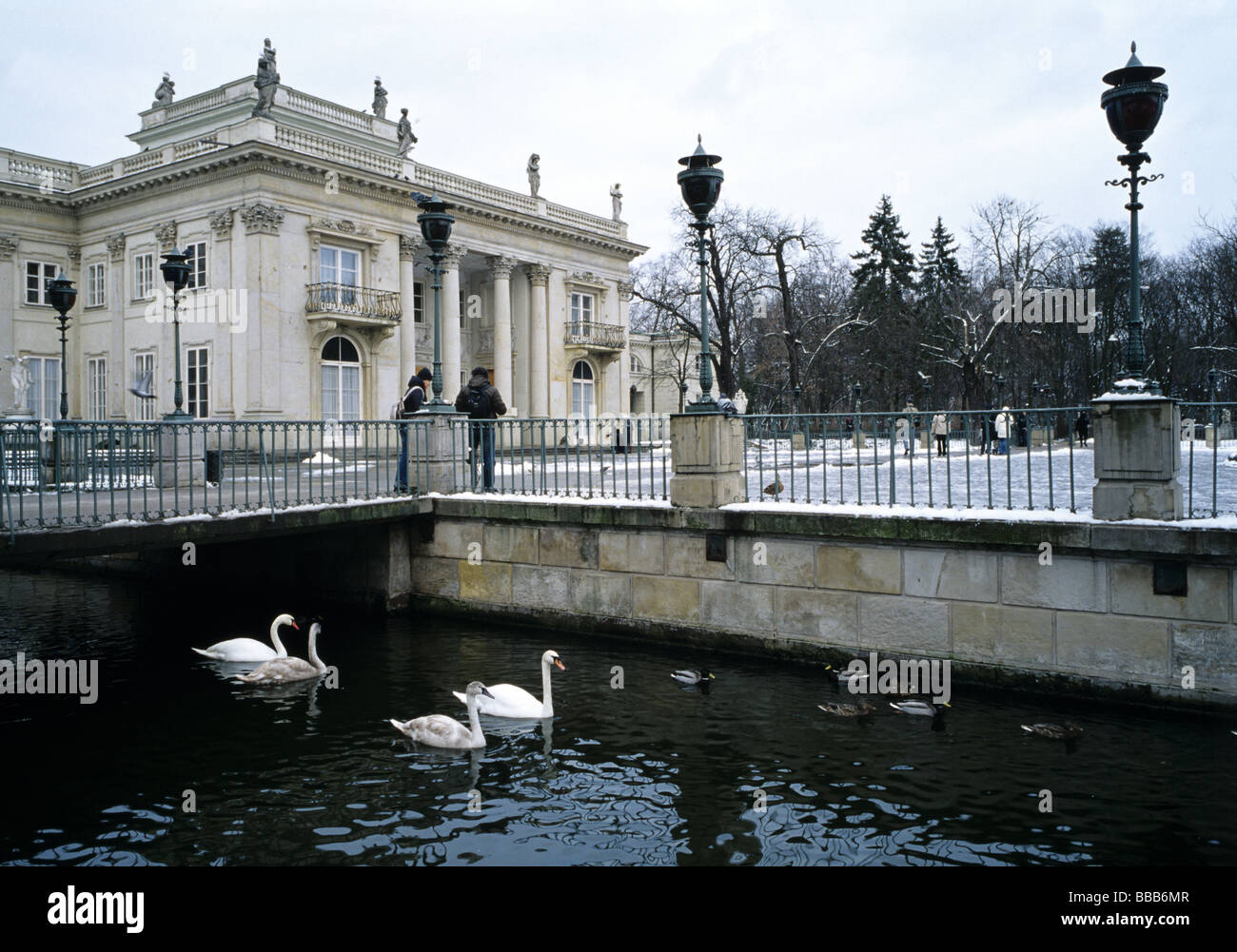 Poland Warsaw Lazienki Bath Park Palace on the water in winter snow Stock Photo