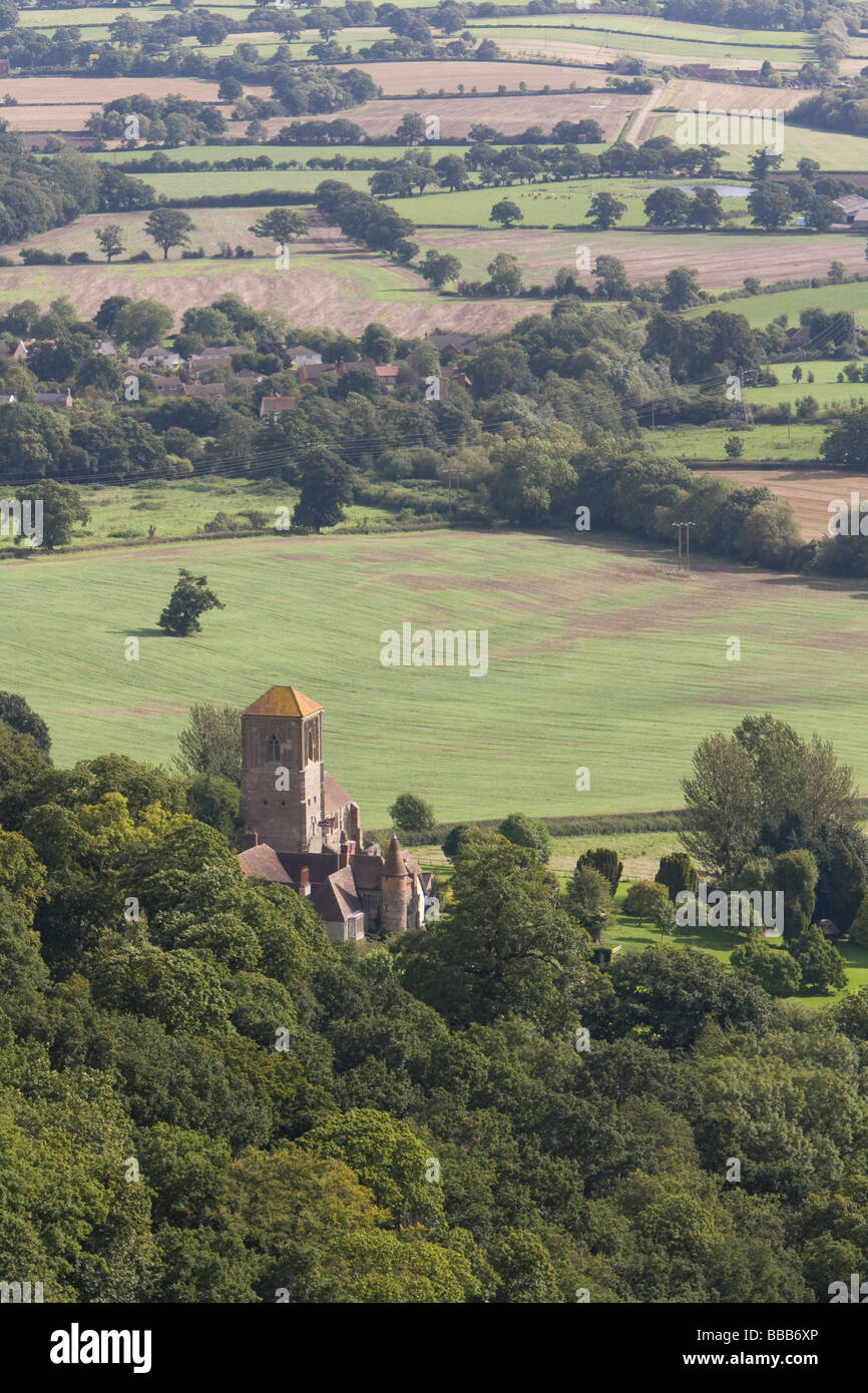 Little Malvern Priory as seen from Malvern Hills with agriculture farming background, Worcestershire, UK. Stock Photo