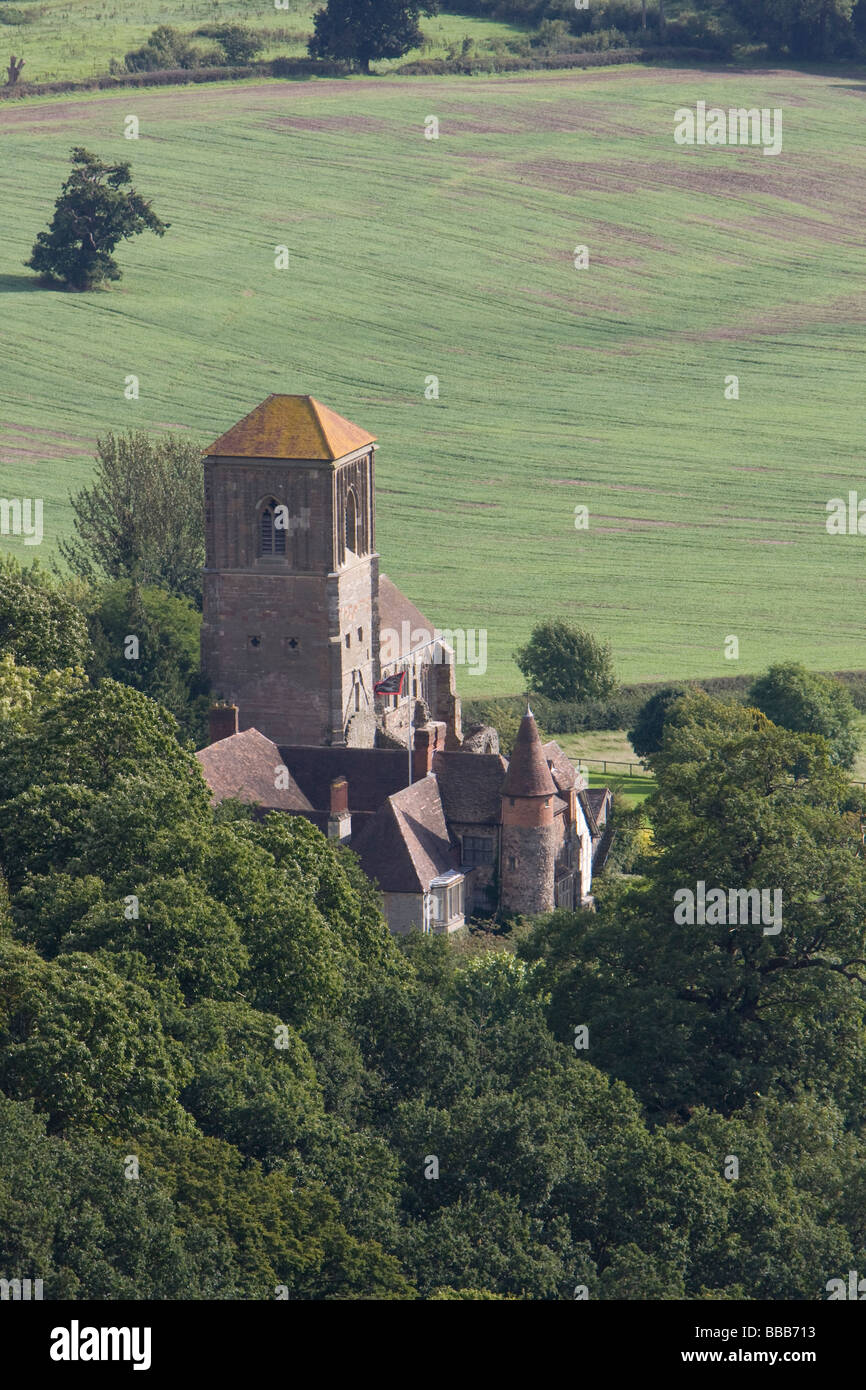 Little Malvern Priory as seen from Malvern Hills with agriculture farming background, Worcestershire, UK. Stock Photo