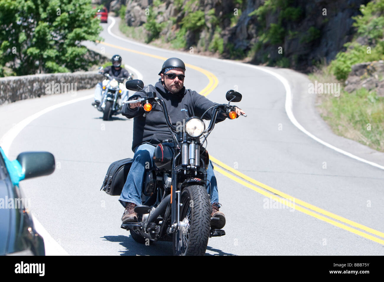 A motorbike motorcycle driving the winding road at Hawks Nest New York