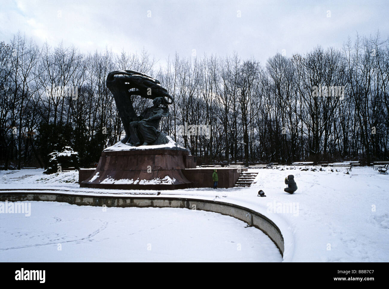 Poland Warsaw Lazienki Bath Park Chopin monument winter snow Stock Photo