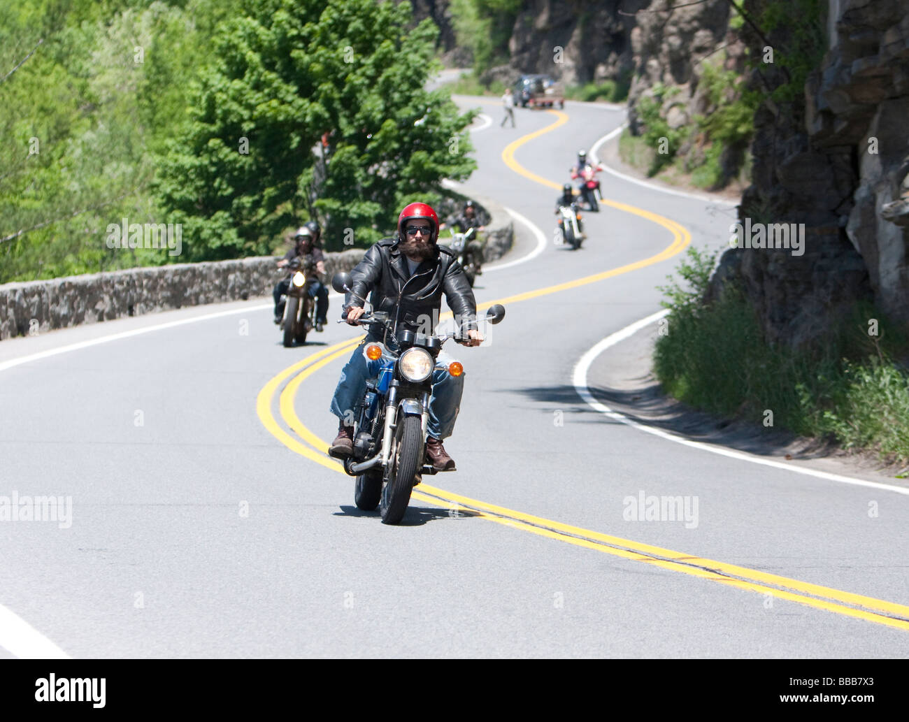 A motorbike motorcycle driving the winding road at Hawks Nest New York
