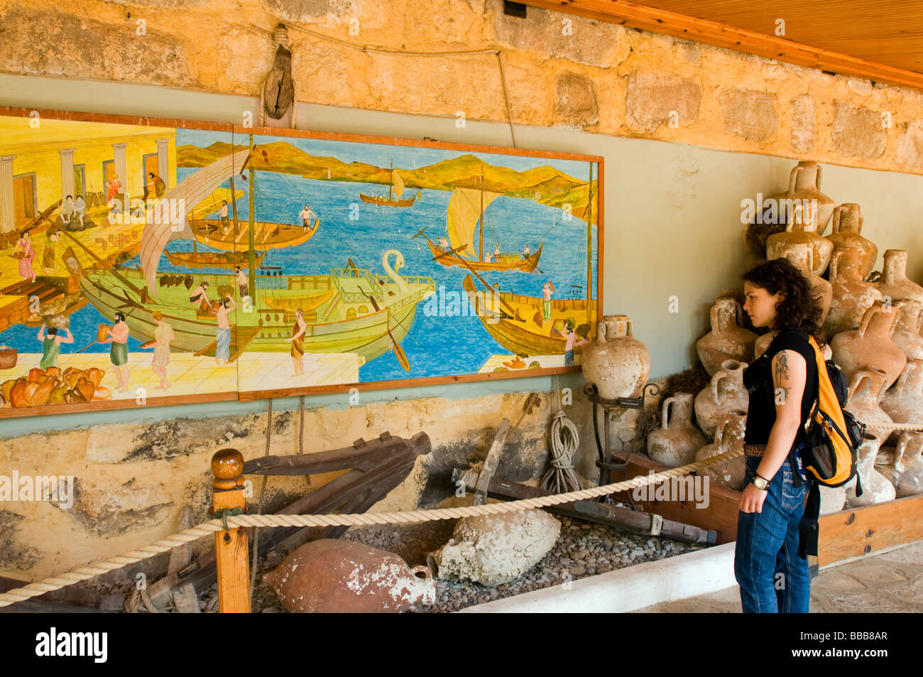 Illustration depicting an ancient harbor in Mediterranean, Underwater Archaeology Museum Bodrum Turkey Stock Photo
