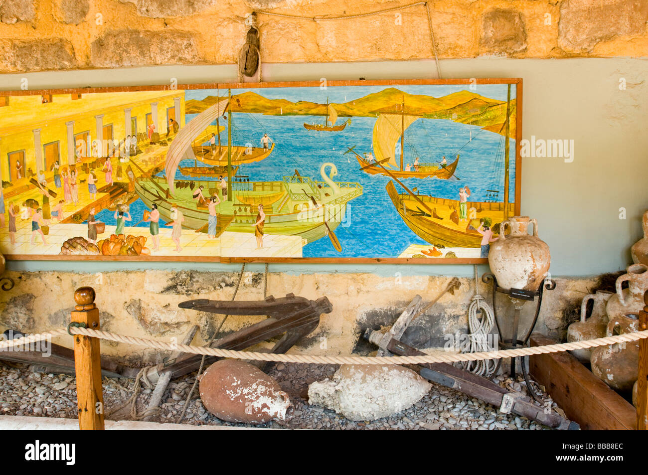 Illustration depicting an ancient harbor in Mediterranean, Underwater Archaeology Museum Bodrum Turkey Stock Photo