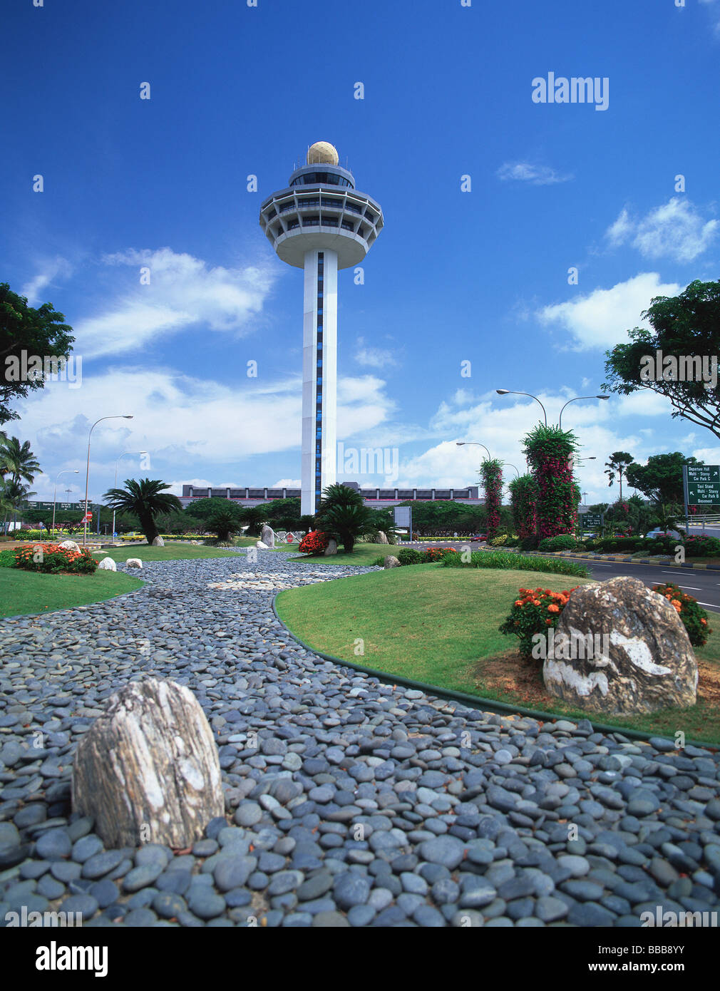 Singapore, Changi Airport, garden with control tower Stock Photo