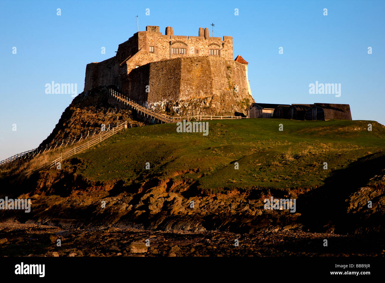 Lindisfarne Castle Holy Island Northumberland England taken from low tide level Stock Photo