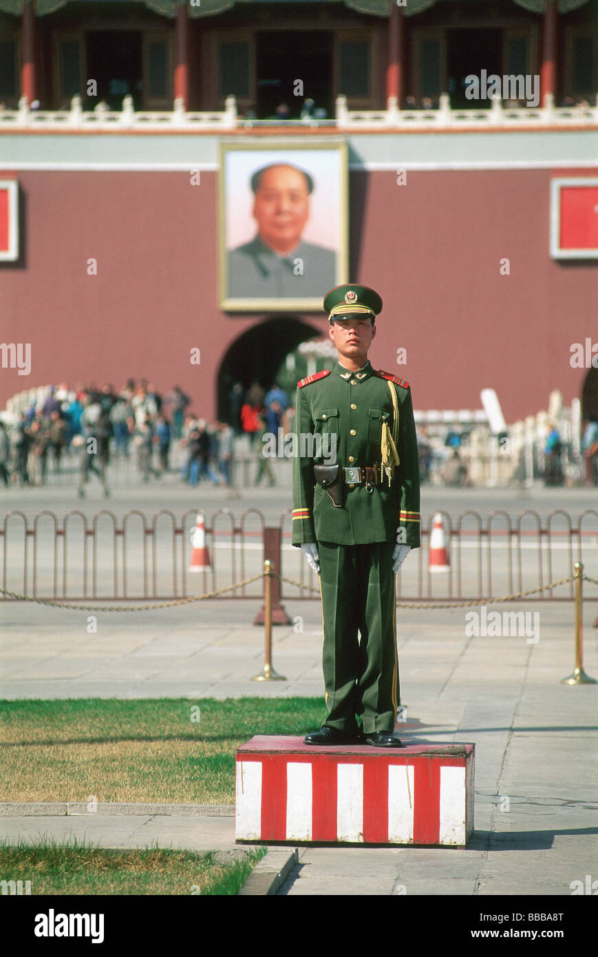 China, Beijing, Chinese soldier on guard duty in Tiananmen Square Stock Photo