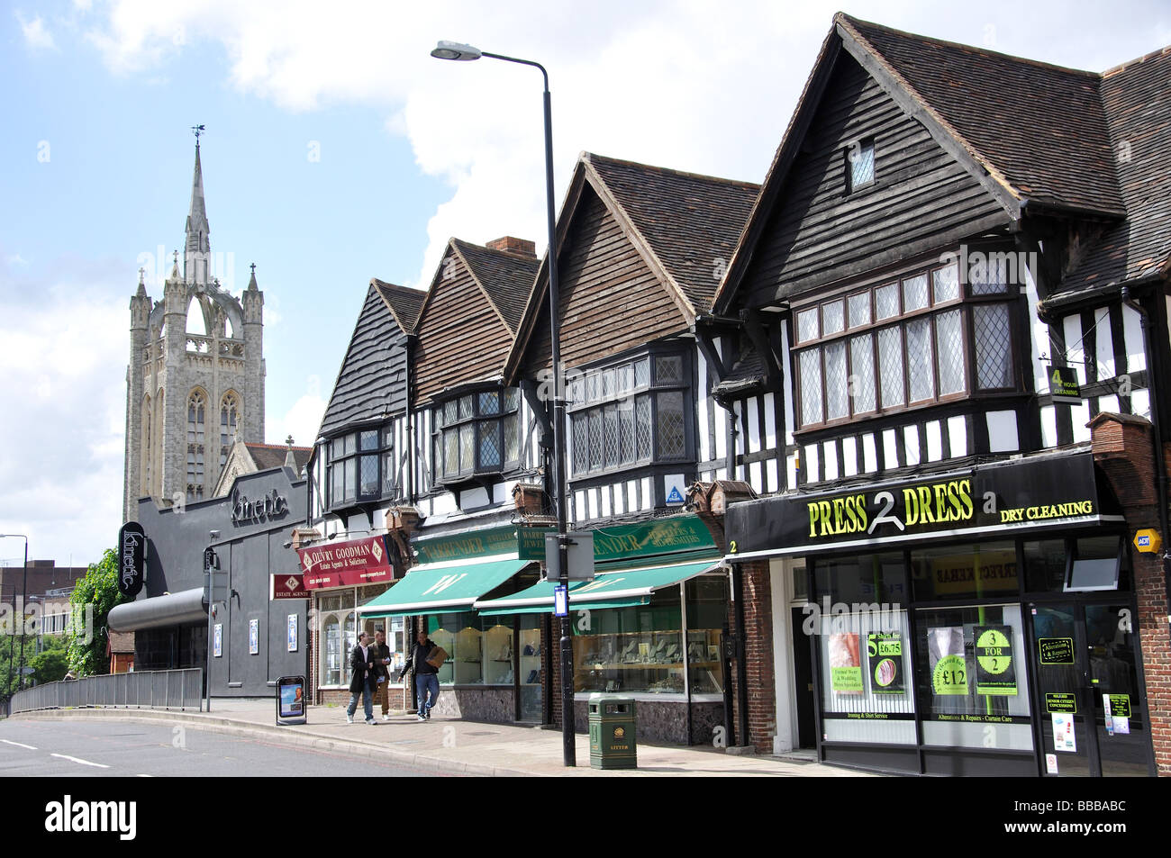 Trinity Church and shops on Cheam Road, Sutton, London Borough of