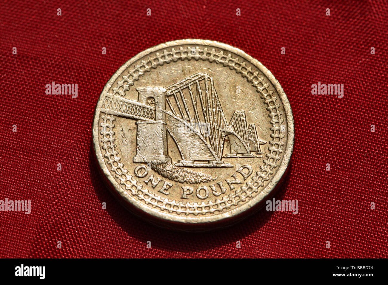 British Pound Coin Commemorative series celebrating the National Bridges of The United kingdom this coin shows the Forth Bridge Stock Photo