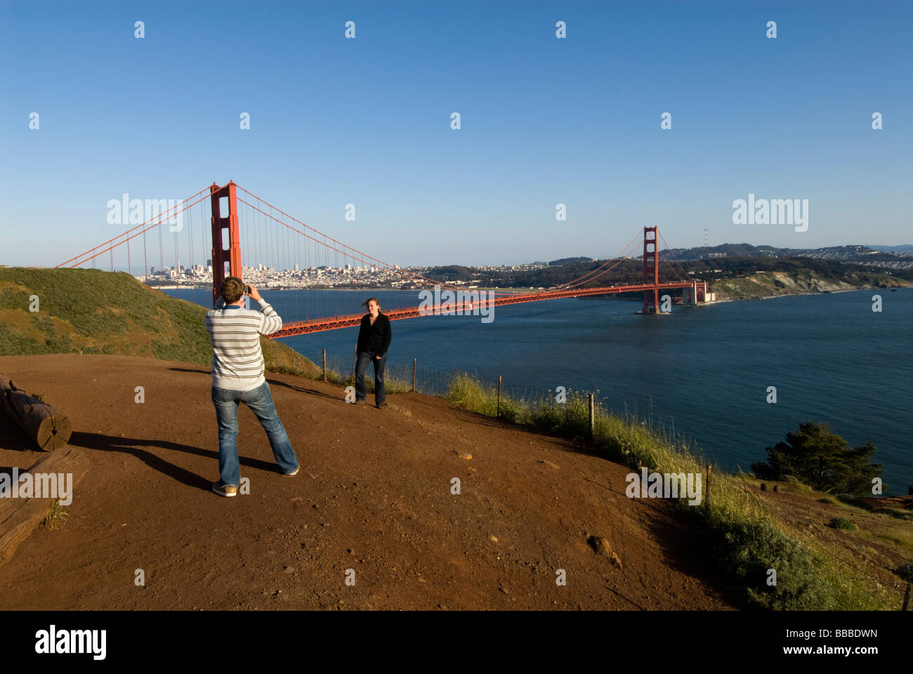 California Tourists overlooking Golden Gate Bridge; view of Golden Gate