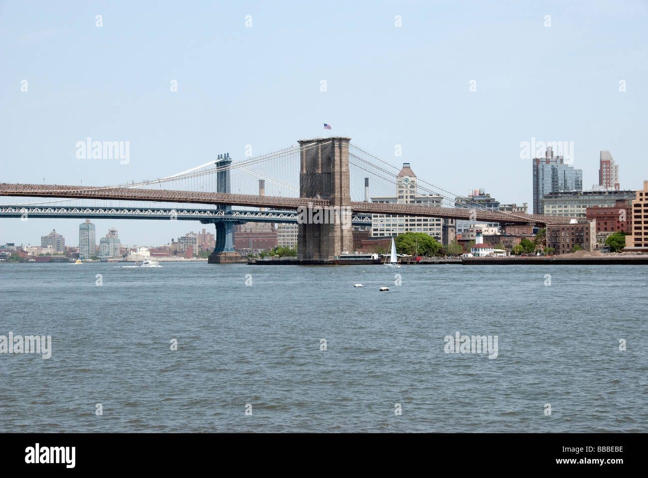 view of the East River with the Brooklyn & Manhattan bridges and Brooklyn waterfront, New York Stock Photo