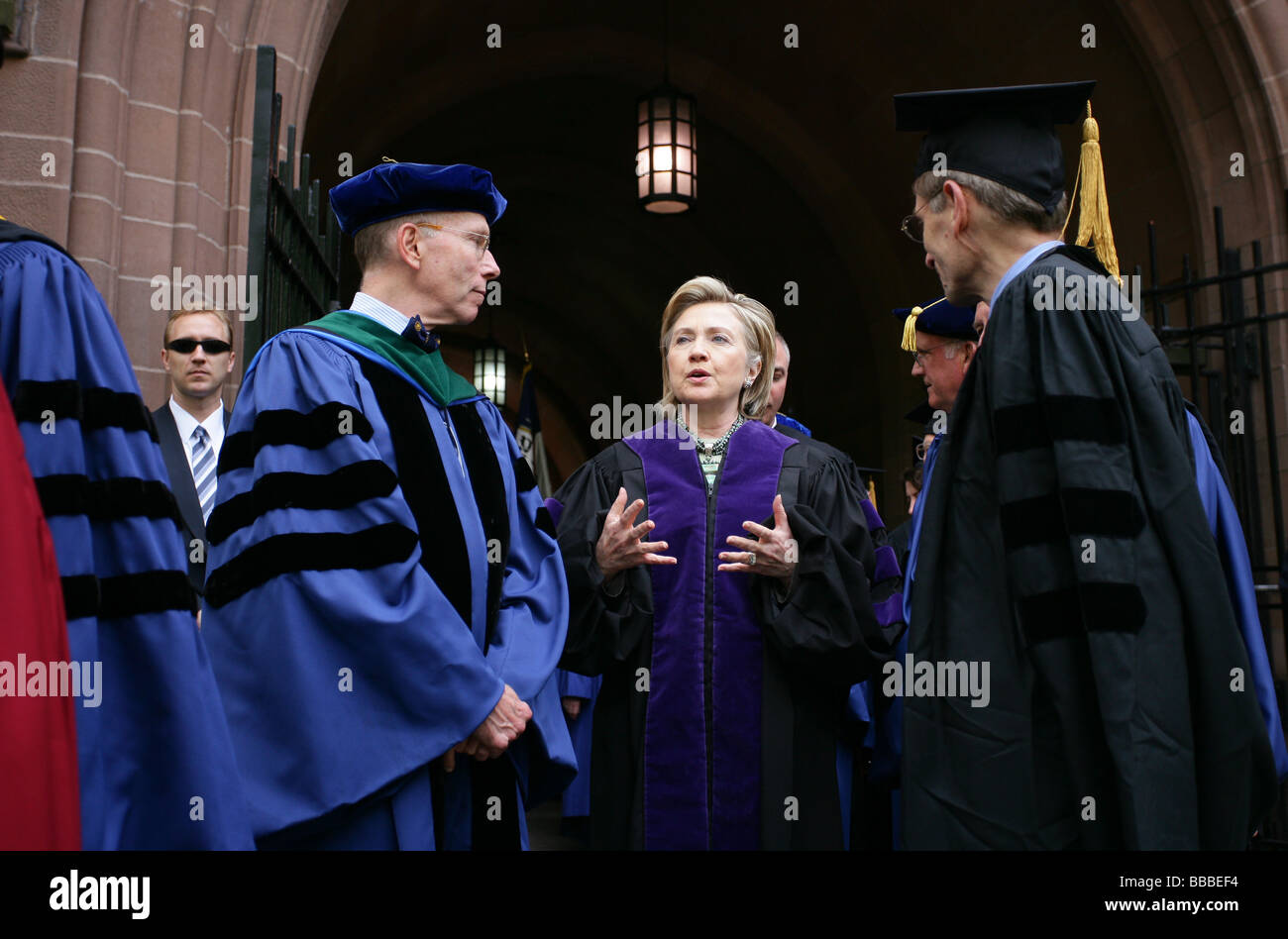 Secretary of State Hillary Rodham Clinton talks with Yale Faculty members before receiving an honorary degree from Yale Stock Photo