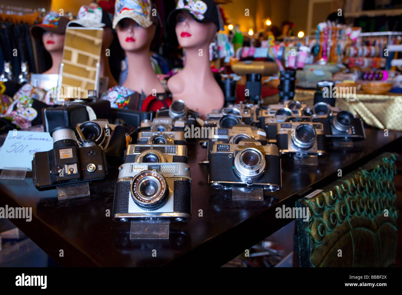 Old cameras on display inside a shop, Santa Barbara, California, USA