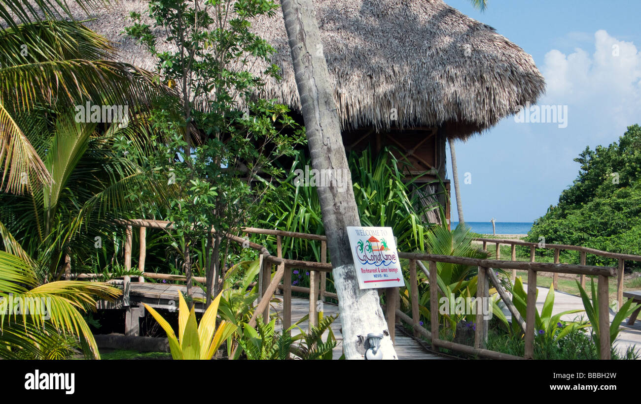 Palm thatch roof Coconut Grove Restaurant and wine lounge Nevis Caribbean island Stock Photo Alamy