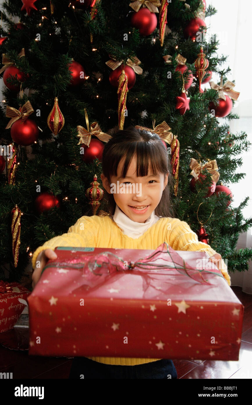 Young girl presenting Christmas present Stock Photo - Alamy