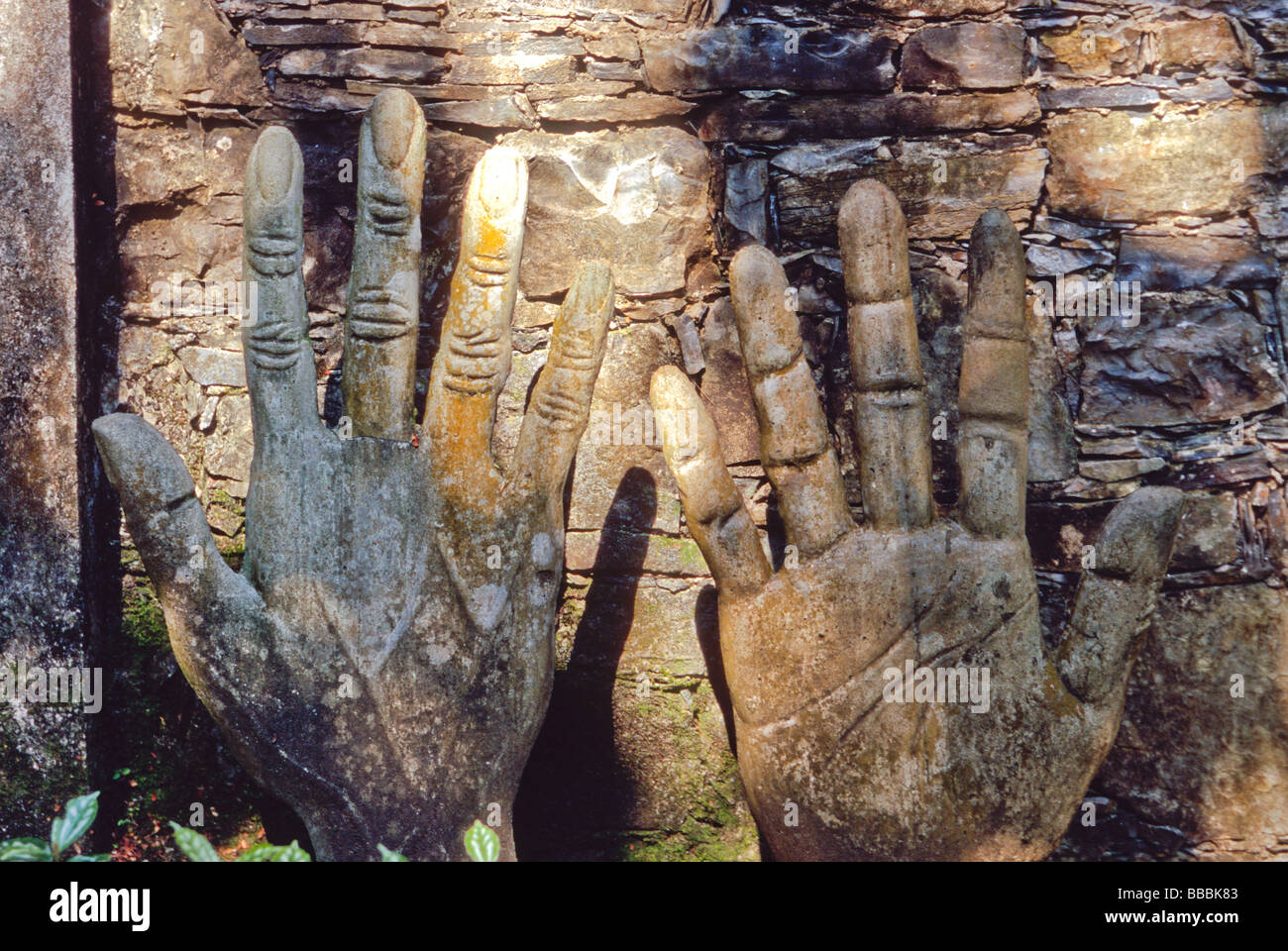 Concrete hands, located at Las Pozas in Xilitla San Luis Potosi Mexico, is the creation of Edward James, a surrealistic artist Stock Photo