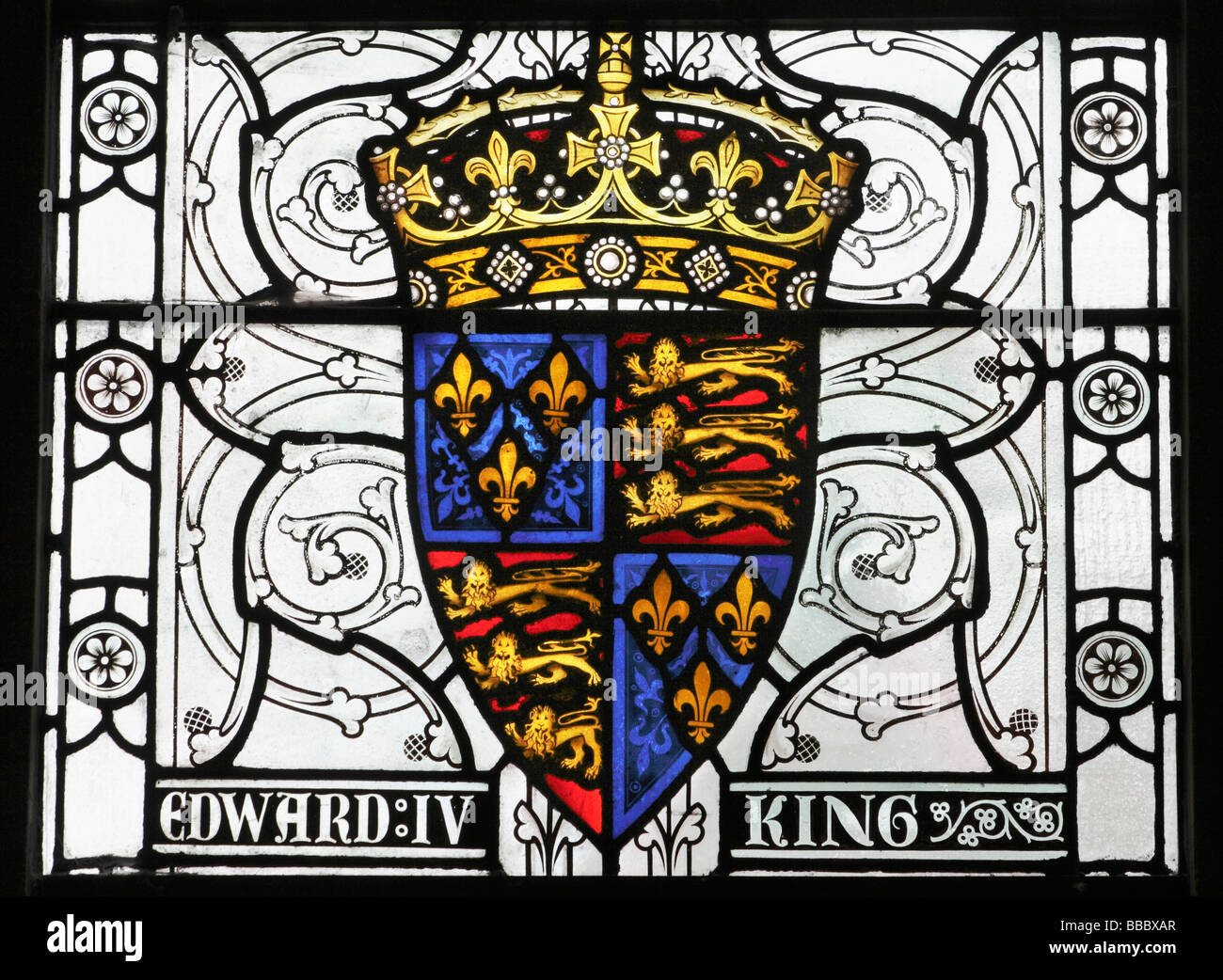 Stained glass window in The Great Hall in Winchester, England depicting coat of arms and King Edward IV Stock Photo
