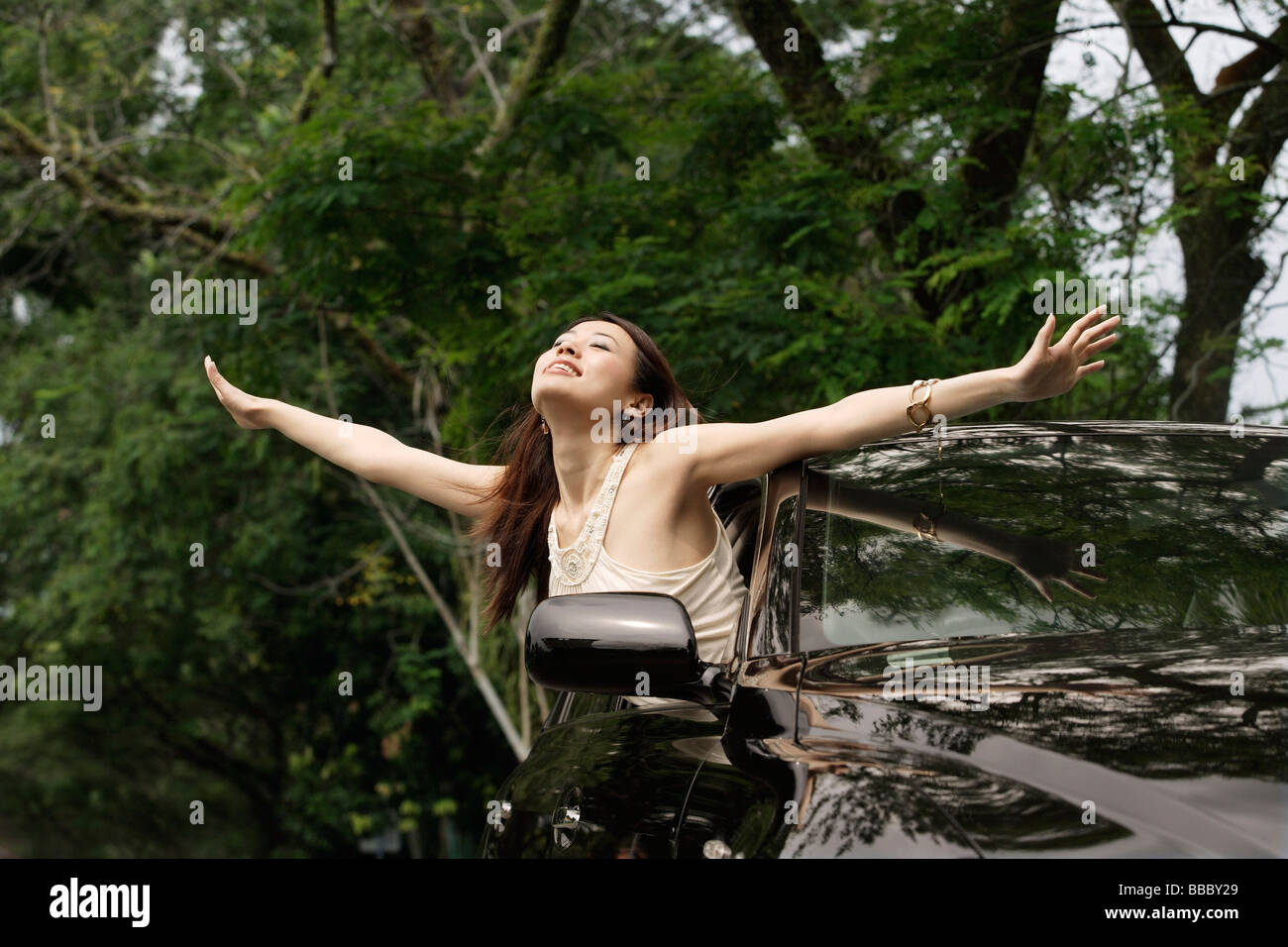 Woman hanging out car window Stock Photo - Alamy