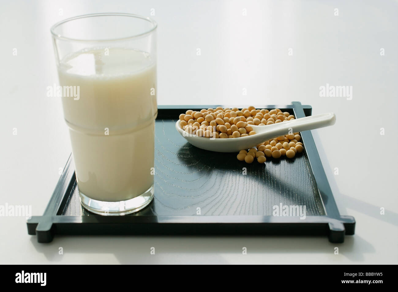 Still life of soya bean drink and soya beans Stock Photo