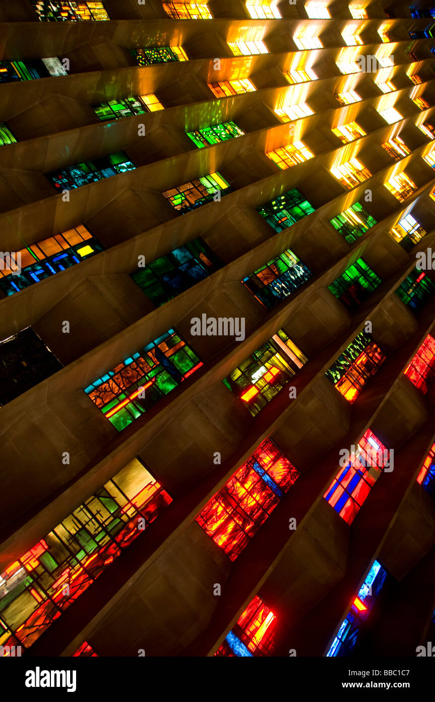 Stained glass windows inside Coventry Cathedral designed by the artist John Piper in Coventry UK Stock Photo