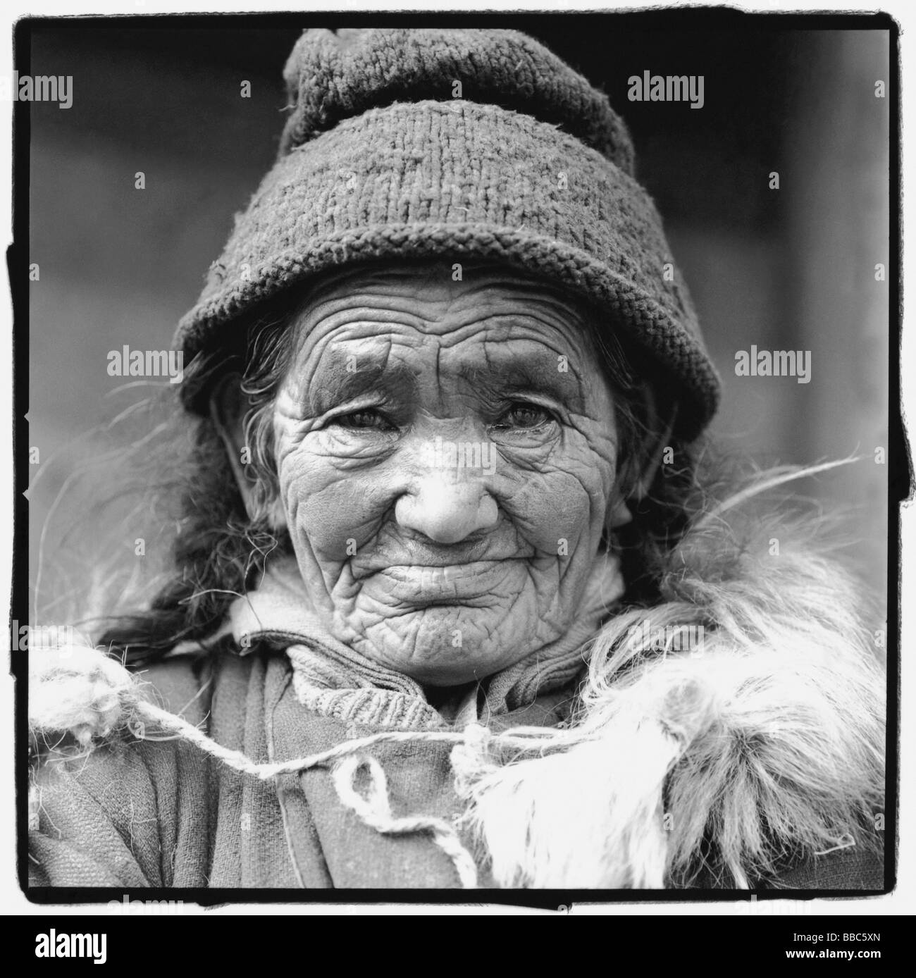 India, Ladakh, Leh, Portrait of elderly lady. Stock Photo