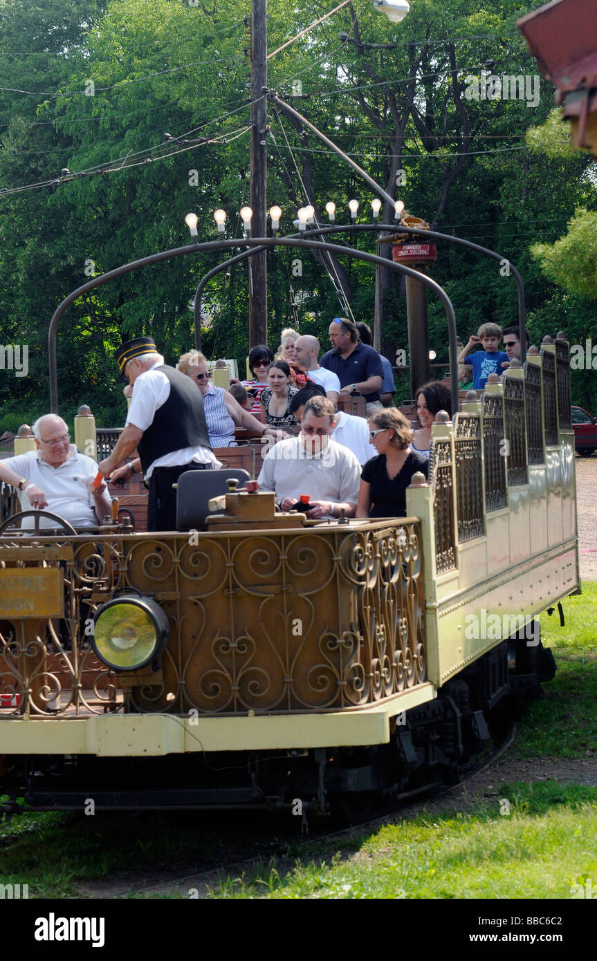 People going for ride in electric powered trolleys at Connecticut trolley museum Stock Photo Alamy