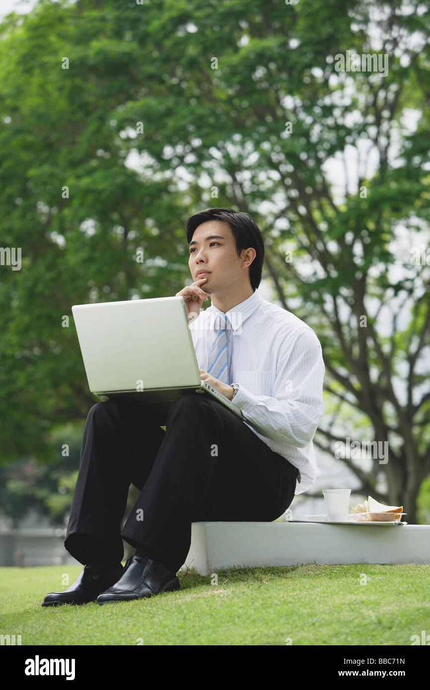 Businessman sitting in park with laptop Stock Photo - Alamy
