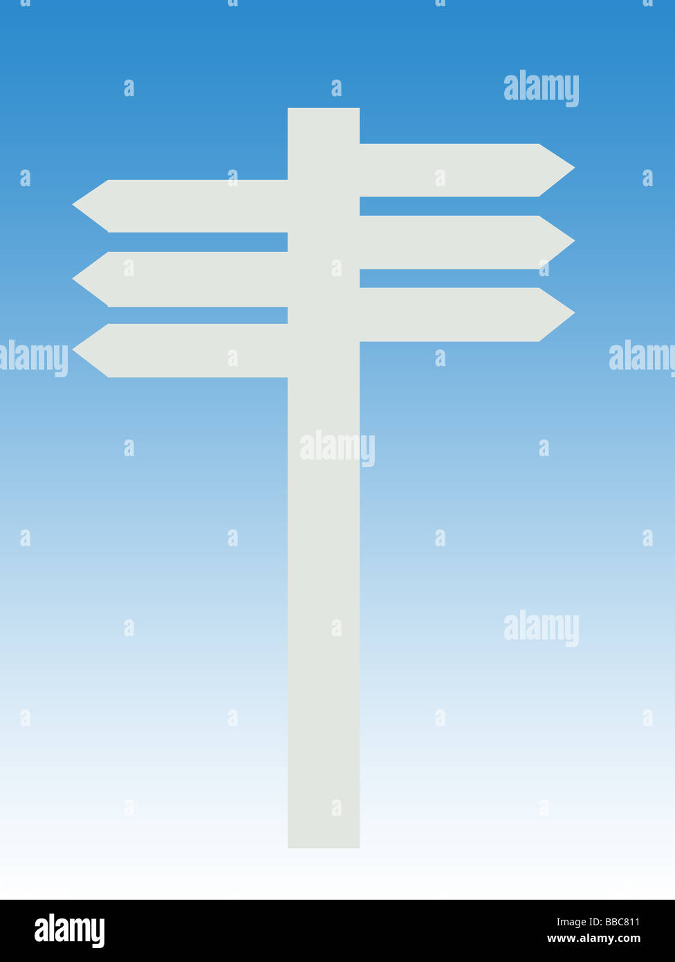 Sign post notice pointing in different directions blue sky background Stock Photo
