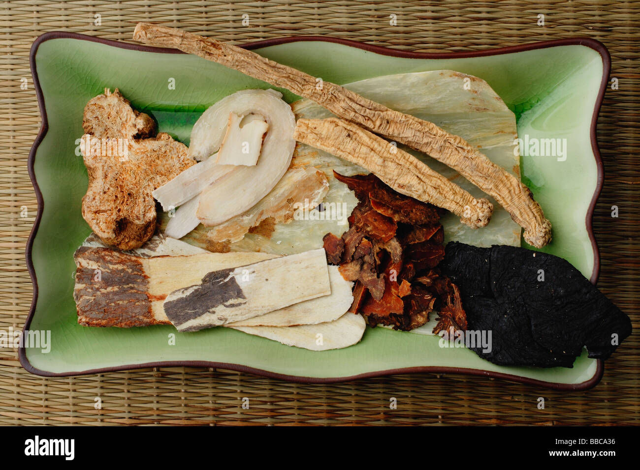 Plate of Chinese medicinal herbs, close-up Stock Photo
