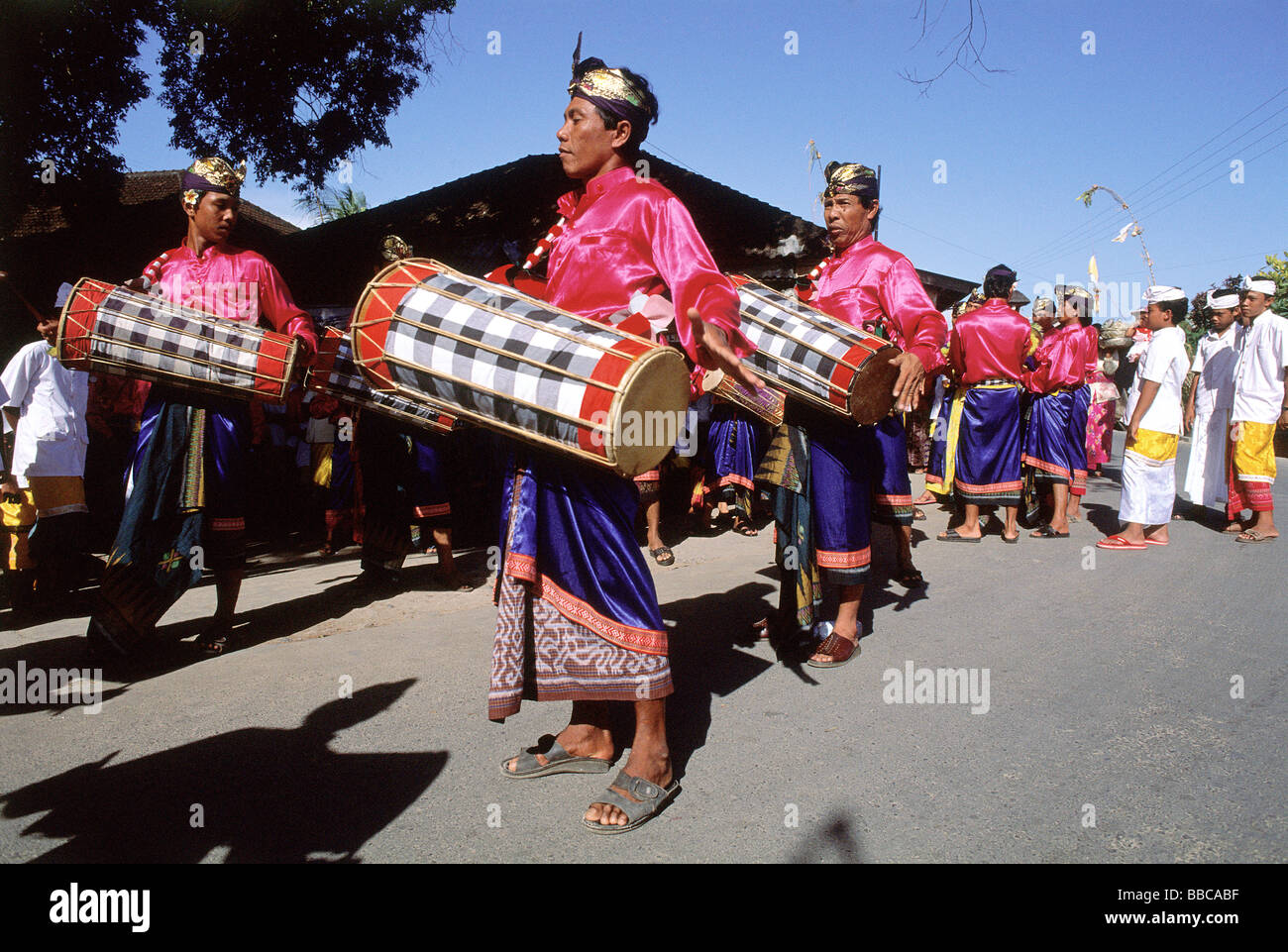 Indonesia, Bali, Tanjung Benoa, Drum players at Melasti ceremony. (grainy) Stock Photo