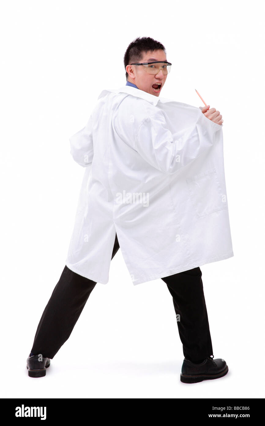 Man in lab coat, looking over shoulder at camera Stock Photo Alamy