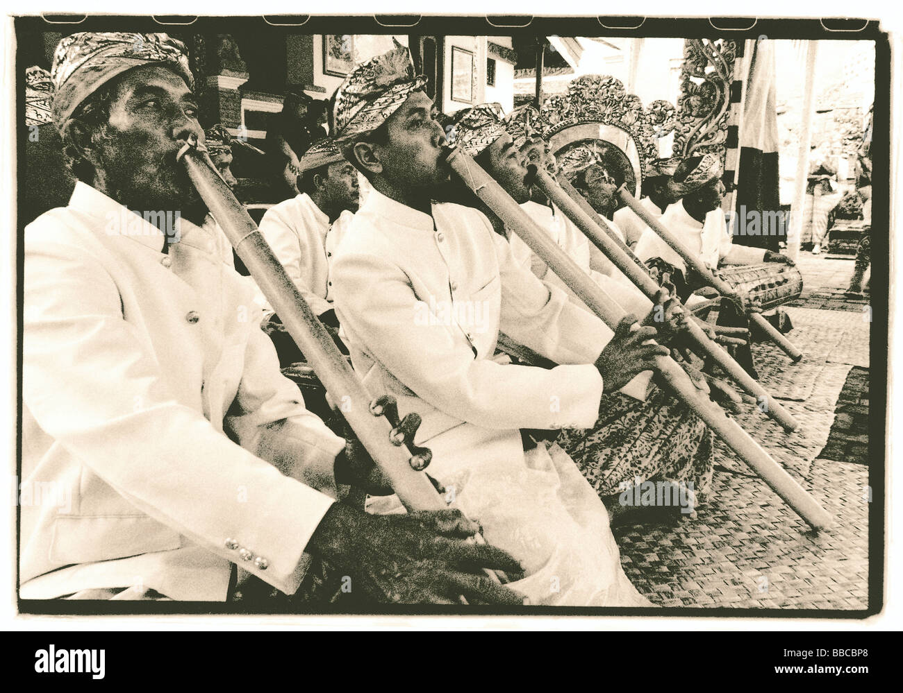 Indonesia, Bali, Gianyar, Bamboo flute players. (artistic grain Stock